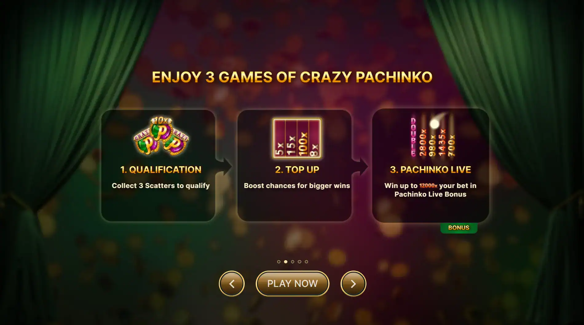 De 3 spelfases van Crazy Pachinko: Kwalificatie, Top Up en de Live Pachinko Bonusronde.